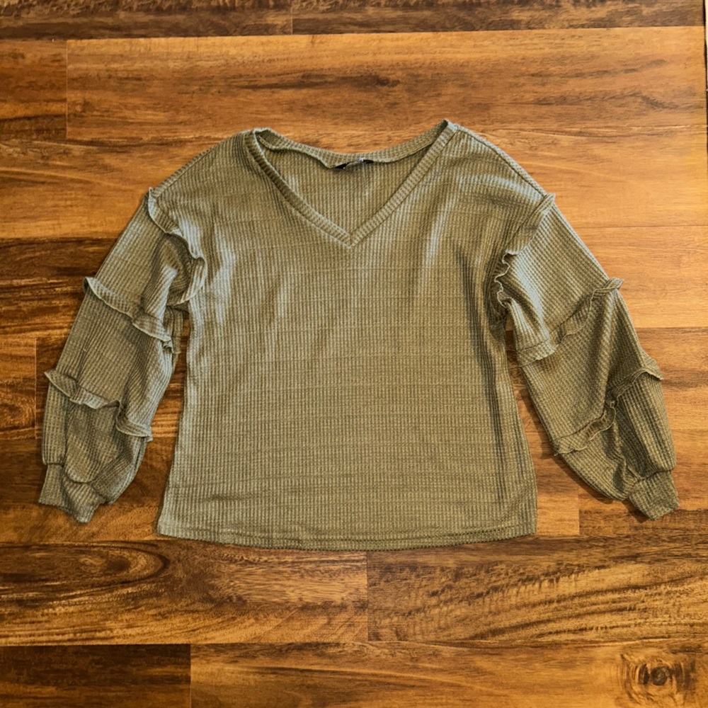Olive Green Women's Top with Ruffle Sleeves